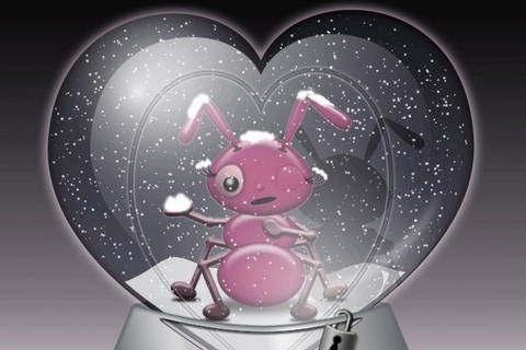 ant in a heart-shaped snow globe